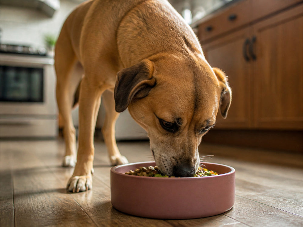 Perro disfrutando un plato de comida casera